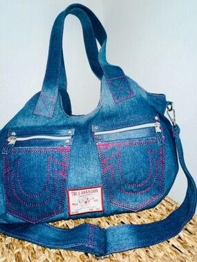 True Religion Denim Shoulder Bag with Pink Stitching